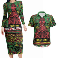 Aotearoa Iwi Ngati Hine Couples Matching Long Sleeve Bodycon Dress and Hawaiian Shirt Maori Wharenui House Tribal Pattern LT9 Deep Green - Polynesian Pride