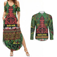 Aotearoa Iwi Ngati Hine Couples Matching Summer Maxi Dress and Long Sleeve Button Shirt Maori Wharenui House Tribal Pattern LT9 Deep Green - Polynesian Pride