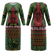 Aotearoa Iwi Ngati Hine Family Matching Long Sleeve Bodycon Dress and Hawaiian Shirt Maori Wharenui House Tribal Pattern LT9 Mom's Dress Deep Green - Polynesian Pride