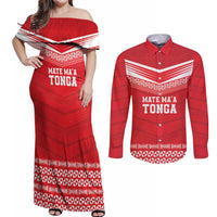 Custom Mate Ma'a Tonga Heritage Couples Matching Off Shoulder Maxi Dress and Long Sleeve Button Shirt Pacific Tribal Rugby Red Edition - Polynesian Pride