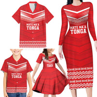 Custom Mate Ma'a Tonga Heritage Family Matching Long Sleeve Bodycon Dress and Hawaiian Shirt Pacific Tribal Rugby Red Edition - Polynesian Pride