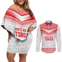 Custom Mate Ma'a Tonga Heritage Couples Matching Off Shoulder Short Dress and Long Sleeve Button Shirt Pacific Tribal Rugby White Edition - Polynesian Pride