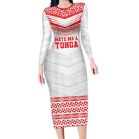Custom Mate Ma'a Tonga Heritage Long Sleeve Bodycon Dress Pacific Tribal Rugby White Edition - Polynesian Pride
