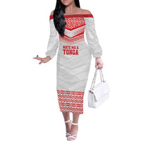 Custom Mate Ma'a Tonga Heritage Off The Shoulder Long Sleeve Dress Pacific Tribal Rugby White Edition - Polynesian Pride