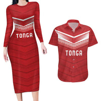 Custom Pacific Rugby Spirit Couples Matching Long Sleeve Bodycon Dress and Hawaiian Shirt Tonga Ngatu Pride Red Edition - Polynesian Pride