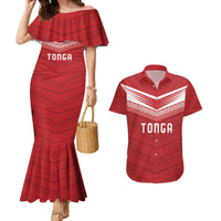 Custom Pacific Rugby Spirit Couples Matching Mermaid Dress and Hawaiian Shirt Tonga Ngatu Pride Red Edition - Polynesian Pride