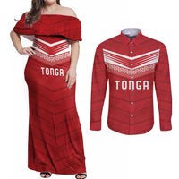 Custom Pacific Rugby Spirit Couples Matching Off Shoulder Maxi Dress and Long Sleeve Button Shirt Tonga Ngatu Pride Red Edition - Polynesian Pride
