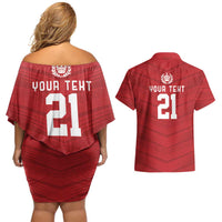 Custom Pacific Rugby Spirit Couples Matching Off Shoulder Short Dress and Hawaiian Shirt Tonga Ngatu Pride Red Edition - Polynesian Pride