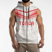 Custom Pacific Rugby Spirit Sleeveless Zip Hoodie Tonga Ngatu Pride White Edition - Polynesian Pride