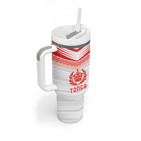 Custom Pacific Rugby Spirit Tumbler With Handle Tonga Ngatu Pride White Edition - Polynesian Pride