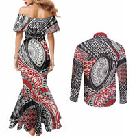 Aotearoa Maori Rugby Tribal Tattoo Couples Matching Mermaid Dress and Long Sleeve Button Shirt Kowhaiwhai Taniko Patchwork Motifs LT9 - Polynesian Pride