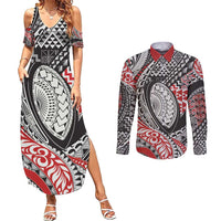 Aotearoa Maori Rugby Tribal Tattoo Couples Matching Summer Maxi Dress and Long Sleeve Button Shirt Kowhaiwhai Taniko Patchwork Motifs LT9 Red - Polynesian Pride