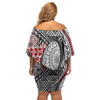 Aotearoa Maori Rugby Tribal Tattoo Off Shoulder Short Dress Kowhaiwhai Taniko Patchwork Motifs