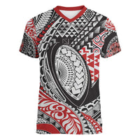 Aotearoa Maori Rugby Tribal Tattoo Women V-Neck T-Shirt Kowhaiwhai Taniko Patchwork Motifs LT9 Female Red - Polynesian Pride