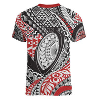 Aotearoa Maori Rugby Tribal Tattoo Women V-Neck T-Shirt Kowhaiwhai Taniko Patchwork Motifs LT9 - Polynesian Pride