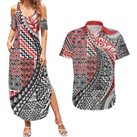 Aotearoa Maori Tribal Tattoo Couples Matching Summer Maxi Dress and Hawaiian Shirt Kowhaiwhai Taniko Patchwork Motifs