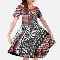 Aotearoa Maori Tribal Tattoo Family Matching Short Sleeve Bodycon Dress and Hawaiian Shirt Kowhaiwhai Taniko Patchwork Motifs