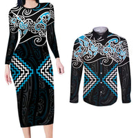 Blue Aotearoa Tukutuku Manawa Tapu Couples Matching Long Sleeve Bodycon Dress and Long Sleeve Button Shirt Ta Moko Toi Maori LT9 Blue - Polynesian Pride