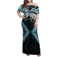 Blue Aotearoa Tukutuku Manawa Tapu Family Matching Off Shoulder Maxi Dress and Hawaiian Shirt Ta Moko Toi Maori