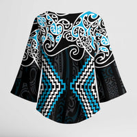 Blue Aotearoa Tukutuku Manawa Tapu Kimono Sleeve Blouse Ta Moko Toi Maori - Polynesian Pride