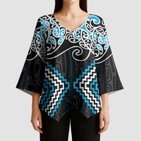 Blue Aotearoa Tukutuku Manawa Tapu Kimono Sleeve Blouse Ta Moko Toi Maori - Polynesian Pride