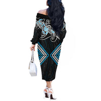 Blue Aotearoa Tukutuku Manawa Tapu Off The Shoulder Long Sleeve Dress Ta Moko Toi Maori