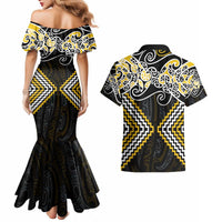 Gold Aotearoa Tukutuku Manawa Tapu Couples Matching Mermaid Dress and Hawaiian Shirt Ta Moko Toi Maori