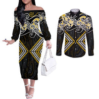 Gold Aotearoa Tukutuku Manawa Tapu Couples Matching Off The Shoulder Long Sleeve Dress and Long Sleeve Button Shirt Ta Moko Toi Maori LT9 Gold - Polynesian Pride