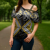 Gold Aotearoa Tukutuku Manawa Tapu Cross Shoulder Shirt Ta Moko Toi Maori - Polynesian Pride