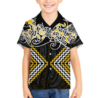 Gold Aotearoa Tukutuku Manawa Tapu Family Matching Off Shoulder Short Dress and Hawaiian Shirt Ta Moko Toi Maori