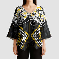 Gold Aotearoa Tukutuku Manawa Tapu Kimono Sleeve Blouse Ta Moko Toi Maori - Polynesian Pride