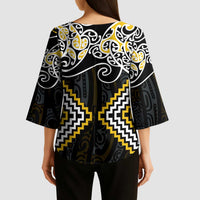 Gold Aotearoa Tukutuku Manawa Tapu Kimono Sleeve Blouse Ta Moko Toi Maori - Polynesian Pride