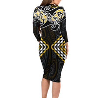 Gold Aotearoa Tukutuku Manawa Tapu Long Sleeve Bodycon Dress Ta Moko Toi Maori