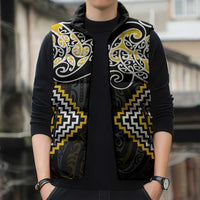 Gold Aotearoa Tukutuku Manawa Tapu Sleeveless Puffer Jacket Ta Moko Toi Maori - Polynesian Pride