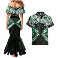 Green Aotearoa Tukutuku Manawa Tapu Couples Matching Mermaid Dress and Hawaiian Shirt Ta Moko Toi Maori