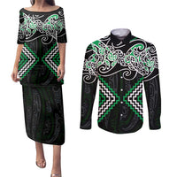 Green Aotearoa Tukutuku Manawa Tapu Couples Matching Puletasi and Long Sleeve Button Shirt Ta Moko Toi Maori LT9 Green - Polynesian Pride