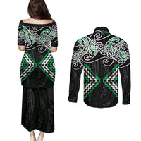 Green Aotearoa Tukutuku Manawa Tapu Couples Matching Puletasi and Long Sleeve Button Shirt Ta Moko Toi Maori LT9 - Polynesian Pride