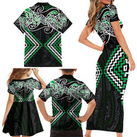 Green Aotearoa Tukutuku Manawa Tapu Family Matching Short Sleeve Bodycon Dress and Hawaiian Shirt Ta Moko Toi Maori
