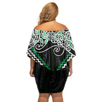 Green Aotearoa Tukutuku Manawa Tapu Off Shoulder Short Dress Ta Moko Toi Maori
