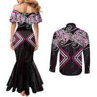 Pink Aotearoa Tukutuku Manawa Tapu Couples Matching Mermaid Dress and Long Sleeve Button Shirt Ta Moko Toi Maori LT9 - Polynesian Pride