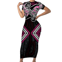 Pink Aotearoa Tukutuku Manawa Tapu Short Sleeve Bodycon Dress Ta Moko Toi Maori