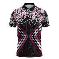Pink Aotearoa Tukutuku Manawa Tapu Zipper Polo Shirt Ta Moko Toi Maori - Polynesian Pride
