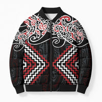 Red Aotearoa Tukutuku Manawa Tapu Bomber Puffer Jacket Ta Moko Toi Maori - Polynesian Pride