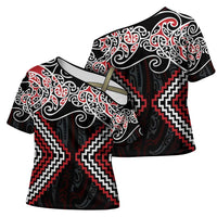 Red Aotearoa Tukutuku Manawa Tapu Cross Shoulder Shirt Ta Moko Toi Maori - Polynesian Pride