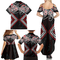Red Aotearoa Tukutuku Manawa Tapu Family Matching Summer Maxi Dress and Hawaiian Shirt Ta Moko Toi Maori
