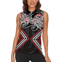 Red Aotearoa Tukutuku Manawa Tapu Women Sleeveless Polo Shirt Ta Moko Toi Maori