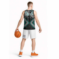 Turquoise Aotearoa Tukutuku Manawa Tapu Basketball Jersey Ta Moko Toi Maori - Polynesian Pride