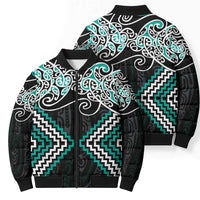 Turquoise Aotearoa Tukutuku Manawa Tapu Bomber Puffer Jacket Ta Moko Toi Maori - Polynesian Pride