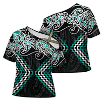 Turquoise Aotearoa Tukutuku Manawa Tapu Cross Shoulder Shirt Ta Moko Toi Maori - Polynesian Pride