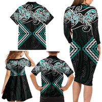 Turquoise Aotearoa Tukutuku Manawa Tapu Family Matching Long Sleeve Bodycon Dress and Hawaiian Shirt Ta Moko Toi Maori